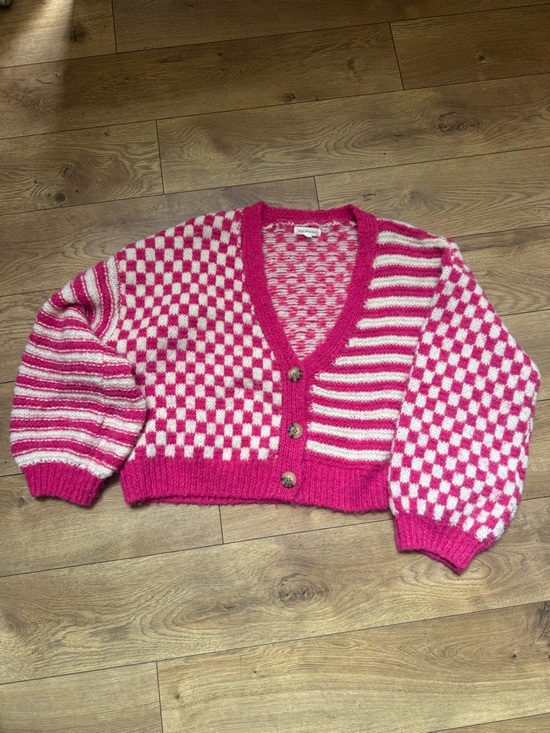 Blu Pepper Sweaters - Blu Pepper Hot Pink & Cream Checkerboard Stripe V-Neck Cardigan